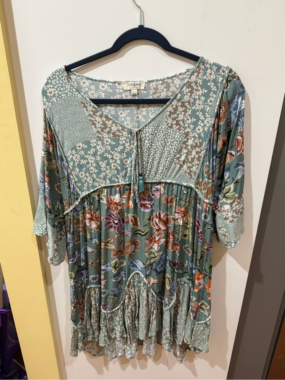 Umgee Sage Green Mixed-Print Floral Tunic